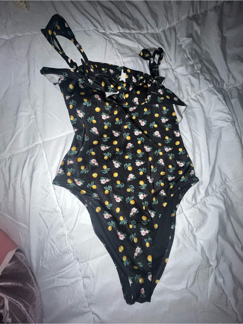 Victoria's Secret Black One-Piece Swimsuit with Yellow Lemon & Pink Floral Print